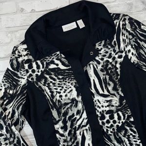 Chicos Black & White Snap Long Sleeve Animal Print Stretch Jacket Top 1 8-10